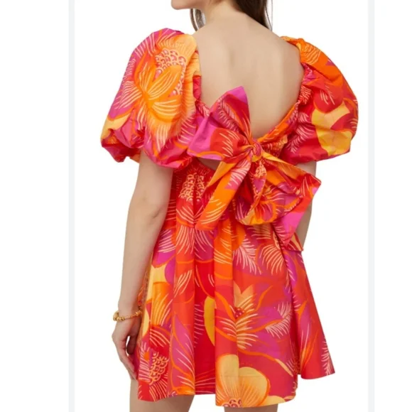 FARM Rio summer garden ombre puff sleeve tie back mini dress floral orange pink - Picture 4 of 10